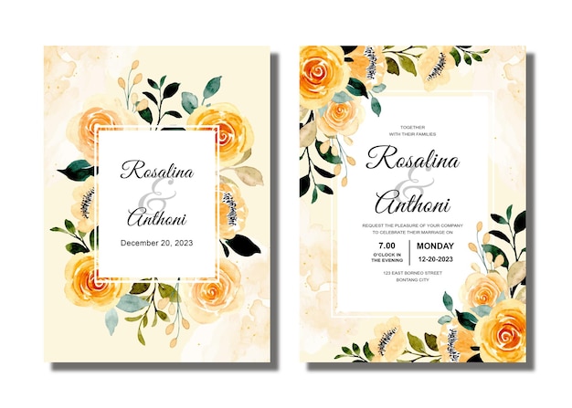 Wedding invitation card with yellow floral watercolor