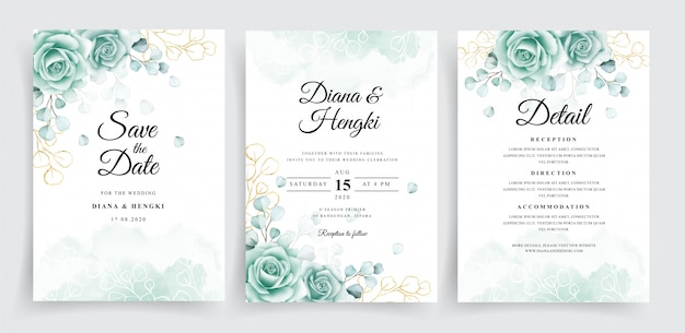  Wedding invitation cards template set with watercolor eucalyptus Premium Vector