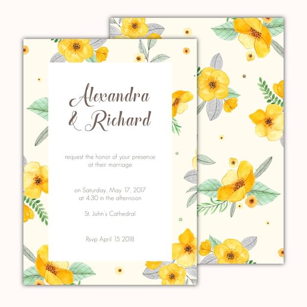 Wedding invitation decorated with hand painted\
yellow flowers