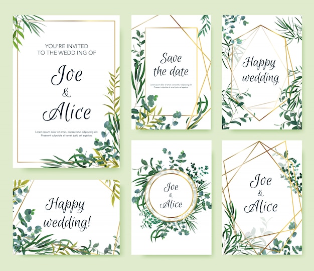 結婚式の招待状のフレーム 花のエレガントな招待カード 花の葉のフレームテンプレート モダンなスプリングゴールドフレームイラストセット 招待状結婚式 の植物カード 正方形のフレームバナー プレミアムベクター