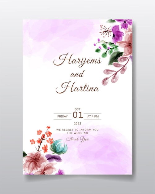 水彩花または葉のデザインの結婚式の招待状のグリーティングカード プレミアムベクター