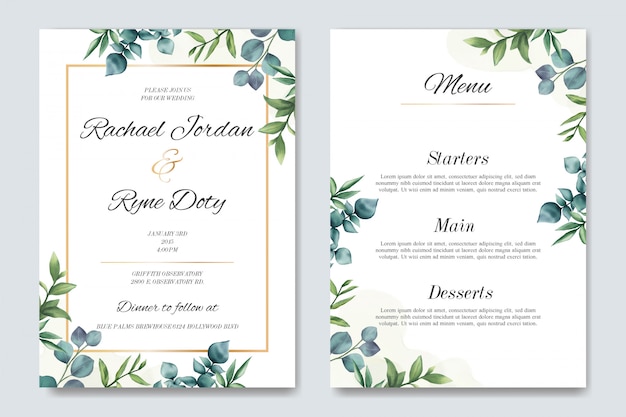 Wedding invitation and menu template with beautiful leaves | Premium Vector