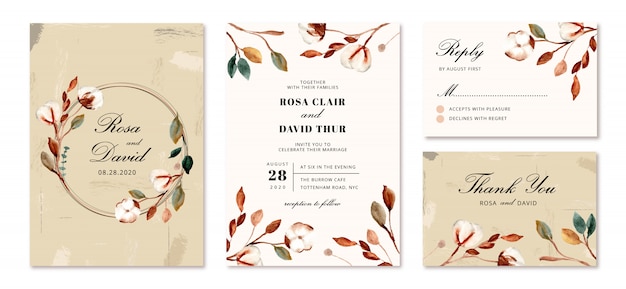 Wedding invitation set with cotton flowers Premium Vector