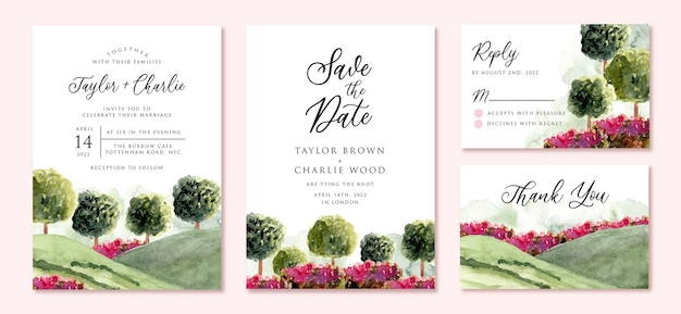 Premium Vector | Wedding invitation set with garden landscape watercolor
