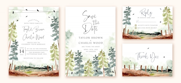 Wedding invitation set with green forest landscape watercolor Premium Vector