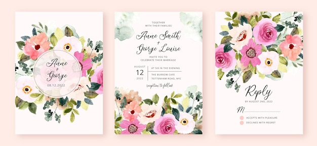  Wedding invitation set with pink flower garden watercolor
