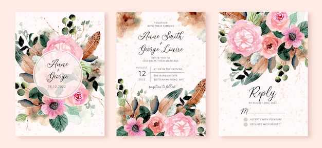  Wedding invitation set with rustic flower and feather watercolor