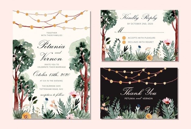 Wedding invitation set with tree and string light watercolor background Premium Vector