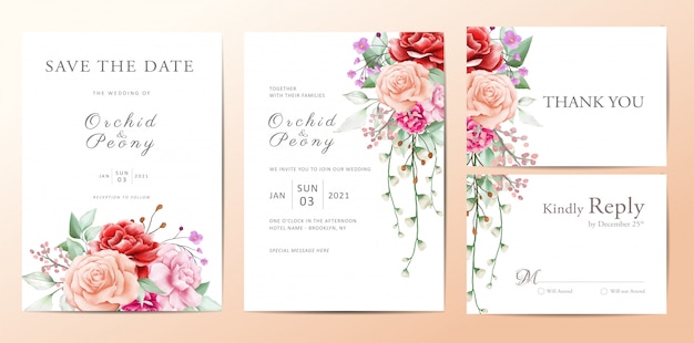 Wedding invitation template set of flowers bouquet Premium Vector