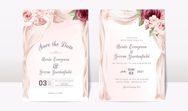 Wedding invitation template set with watercolor arch and floral roses Premium Vector