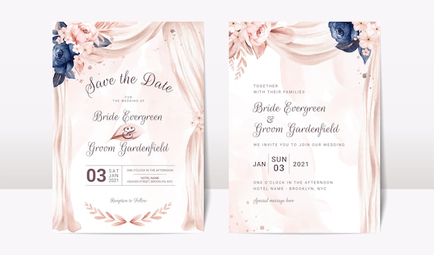 Wedding invitation template set with watercolor arch Premium Vector