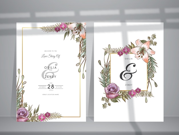 美しい花のイラストと結婚式の招待状のテンプレート プレミアムベクター