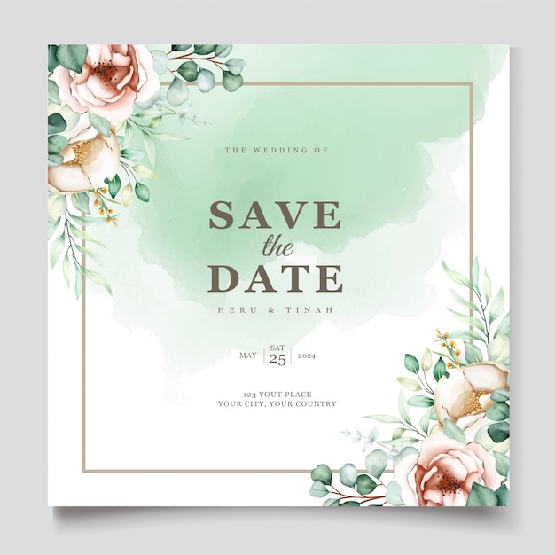 Wedding invitation template with eucalyptus leaves set Free Vector