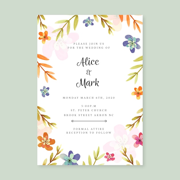 Wedding invitation template with floral design | Free Vector