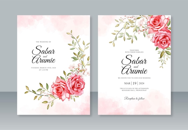 Premium Vector | Wedding invitation template with floral watercolor ...