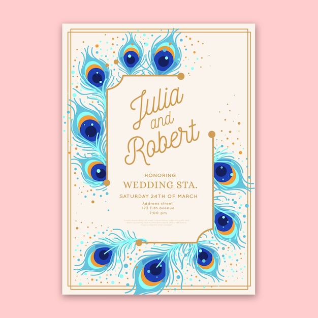 Wedding invitation template with peacock feathers Vector ...