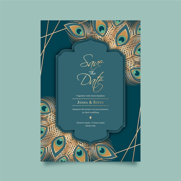 Wedding Invitation Template With Peacock Feathers Free Vector