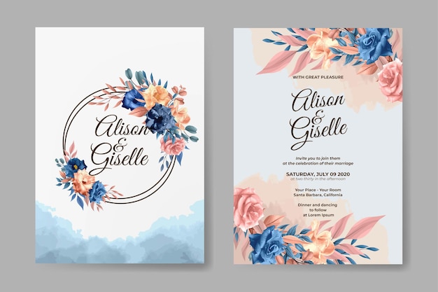 Premium Vector | Wedding invitation template with watercolor flower set