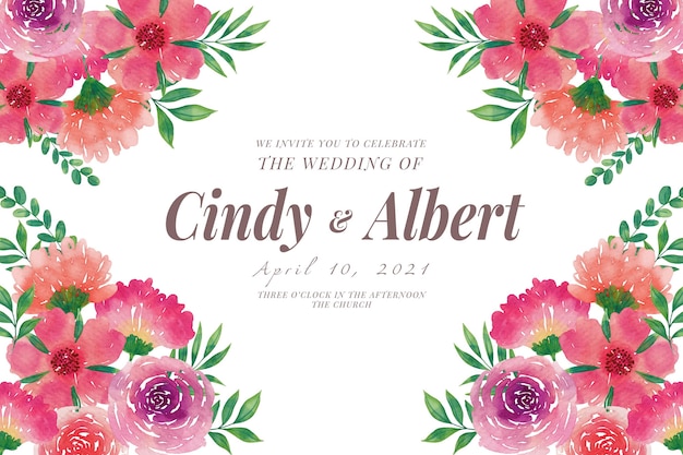 水彩花と結婚式の招待状のテンプレート 無料のベクター