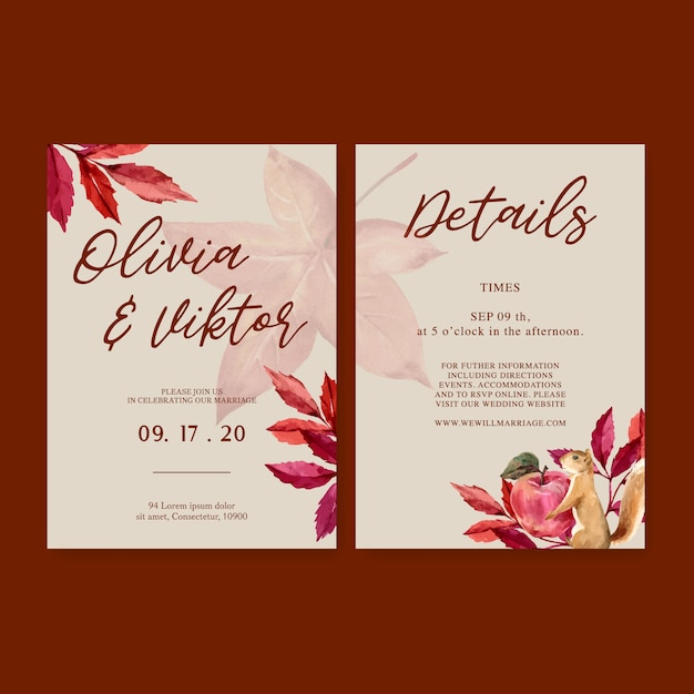 Wedding Invitation Watercolour With Simple Autumn Theme Free Vector