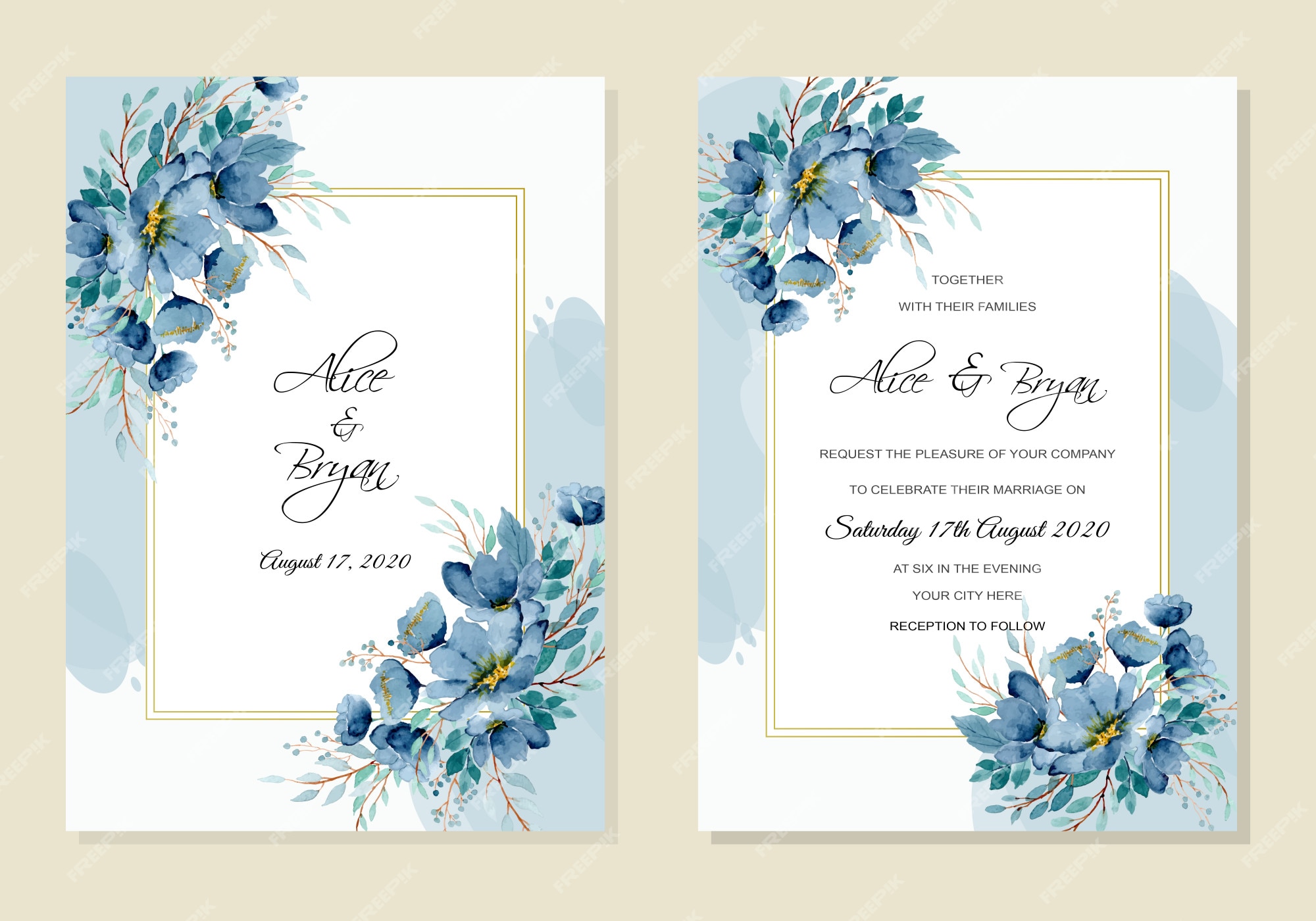 Premium Vector | Wedding invitation with blue green floral watercolor