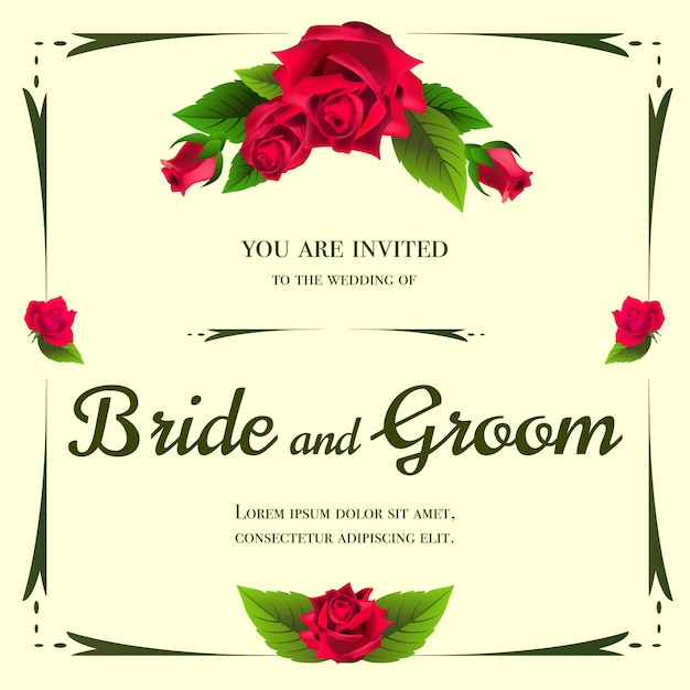 Wedding invitation with bunch of roses on\
yellow background.