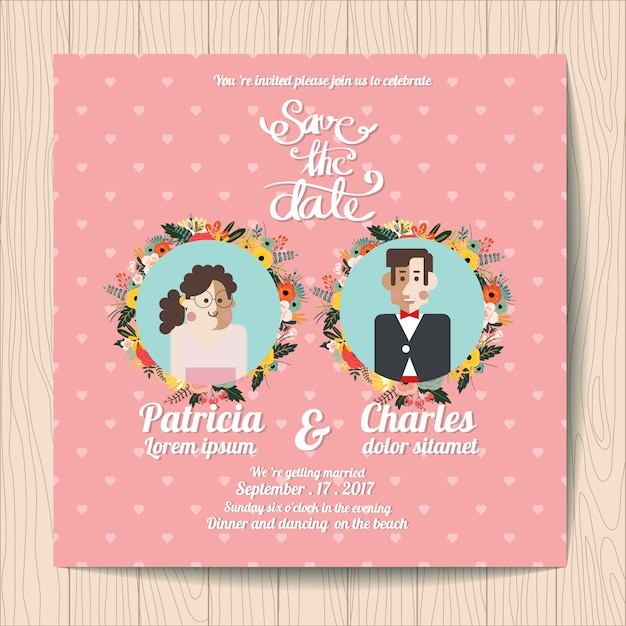 Wedding invitation with character inside floral\
wreaths