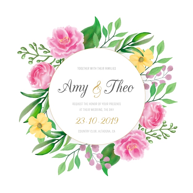 Wedding invitation with colorful watercolor flowers Free Vector