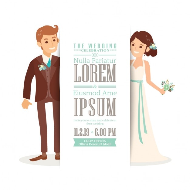 Wedding Invitation With A Cute Bride And Groom Free Vector 7245