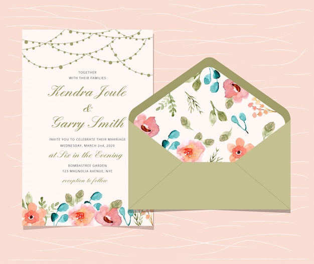 Wedding invitation with floral and string light background Premium Vector