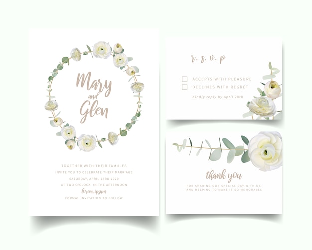 Premium Vector Wedding Invitation With Floral White Ranunculus Flowers