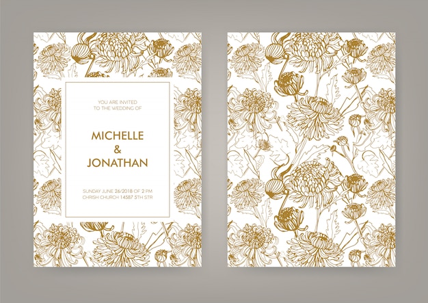 黄金の菊の縦型カードで結婚式の招待状 白黒イラスト プレミアムベクター
