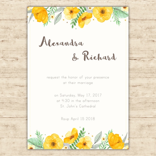 Wedding invitation with hand painted yellow\
flowers