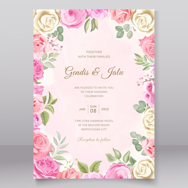 Premium Vector | Wedding invitation with leaves and roses design