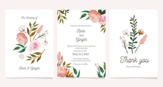 牡丹と綿の花のイラストカードテンプレートと結婚式の招待状 プレミアムベクター