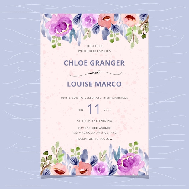  Wedding invitation with pretty flower watercolor border