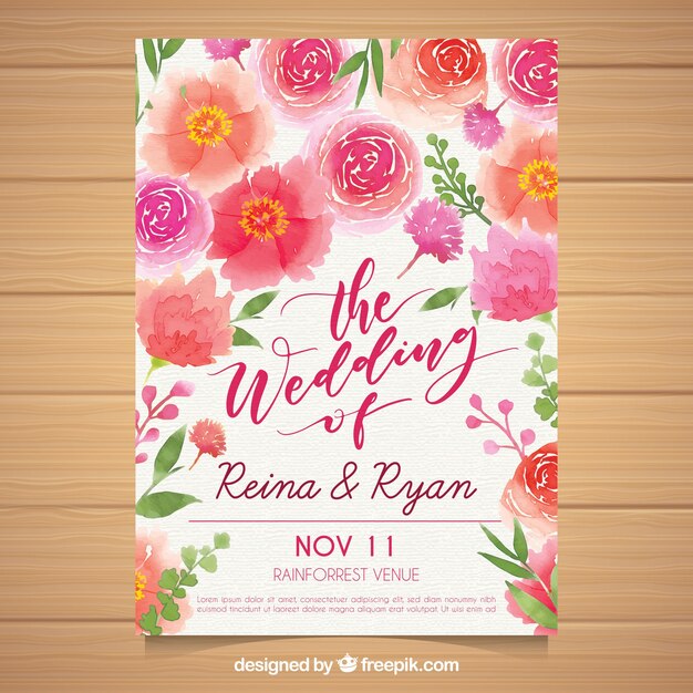 Wedding invitation with watercolor floral Free Vector