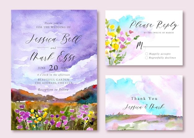 夕焼け空とカラフルな花畑の水彩画の風景と結婚式の招待状 プレミアムベクター