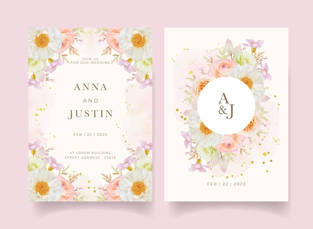 Premium Vector | Wedding invitation with watercolor roses peony and ...