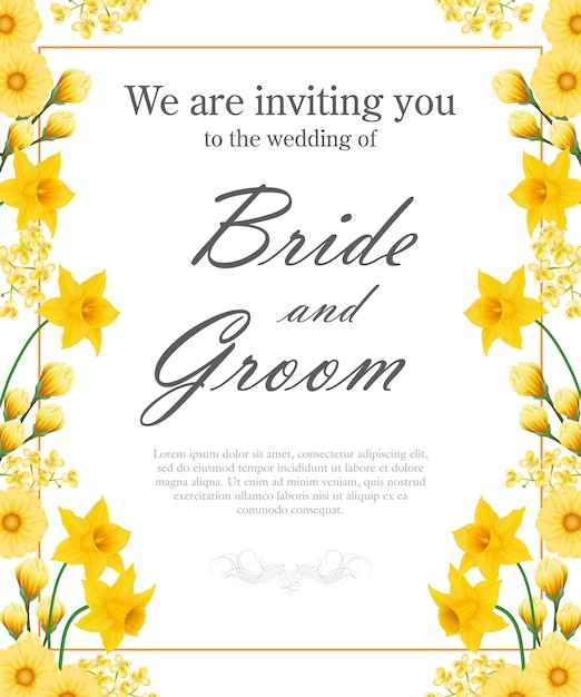 Wedding invitation with yellow daffodils and\
gerberas.