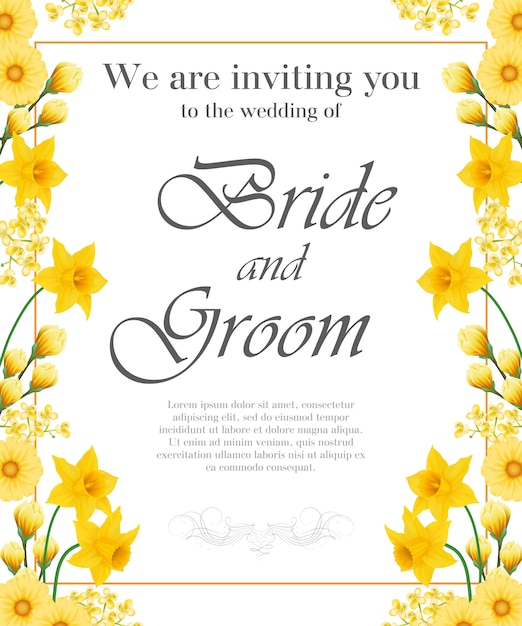Wedding invitation with yellow narcissuses and\
gerberas.