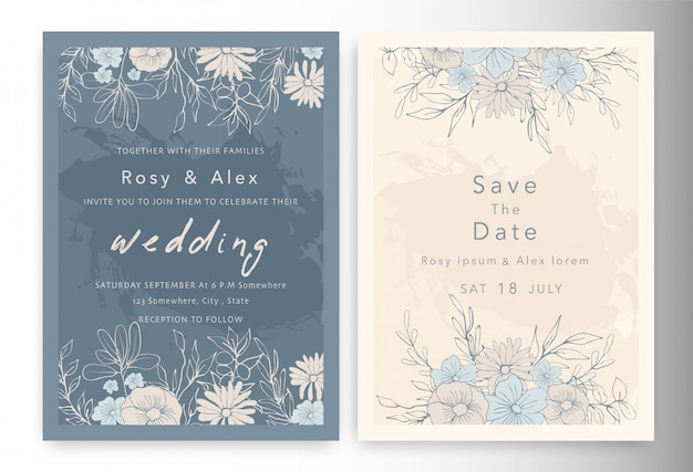 Wedding invitations save the date card with elegant garden anemone. Premium Vector
