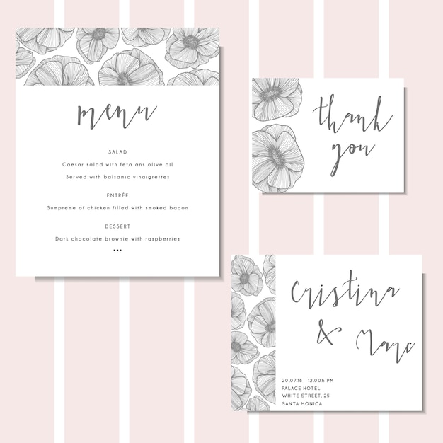 結婚式招待状 招待状メニューテンプレート 手描きの花 イラスト 結婚式のカードをありがとう プレミアムベクター