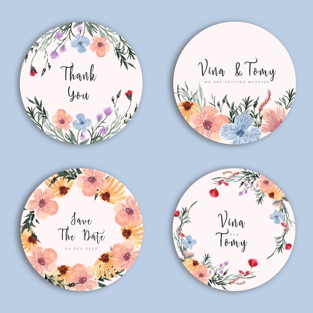 Wedding label collection in wreath style floral watercolor Premium Vector
