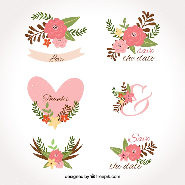 Wedding labels with flowers and hearts Vector | Free Download