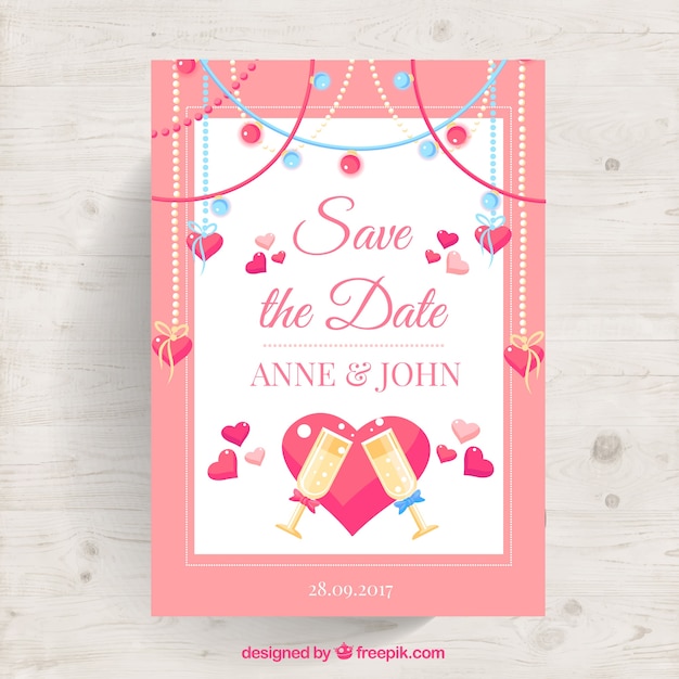 Wedding party card with champagne and hearts