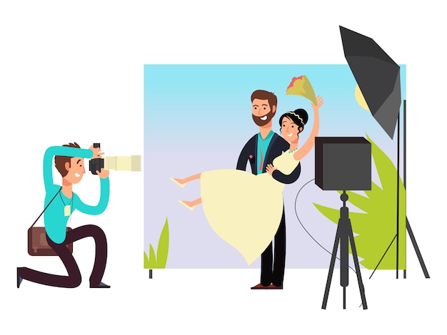 Wedding photo session in studio with newlyweds Premium Vector