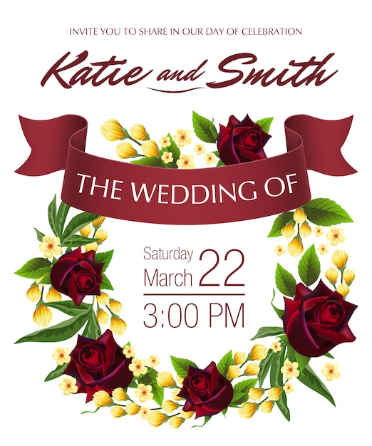 Wedding save the date with yellow floral\
wreath, red roses and maroon ribbon.