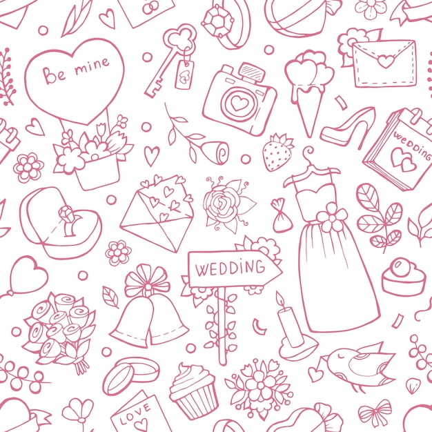 結婚式のシームレスなパターン 結婚式のシンボルと背景 背景恋愛結婚 花束とハートのイラスト プレミアムベクター