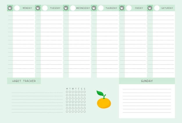 みかんテンプレート付きの週の時間割と習慣トラッカー 柑橘系の漫画イラストとカレンダーのデザイン プランナーのためのパーソナルタスクオーガナイザー空白ページ 無料のベクター